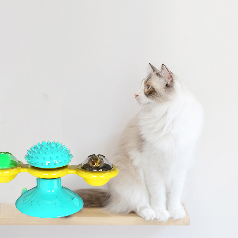 "Multi-Function Cat Rotating Windmill Toy: Itch-Scratching Device with Teeth-Shining Feature"