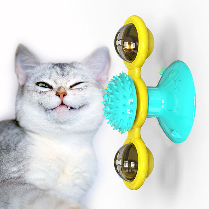 "Multi-Function Cat Rotating Windmill Toy: Itch-Scratching Device with Teeth-Shining Feature"