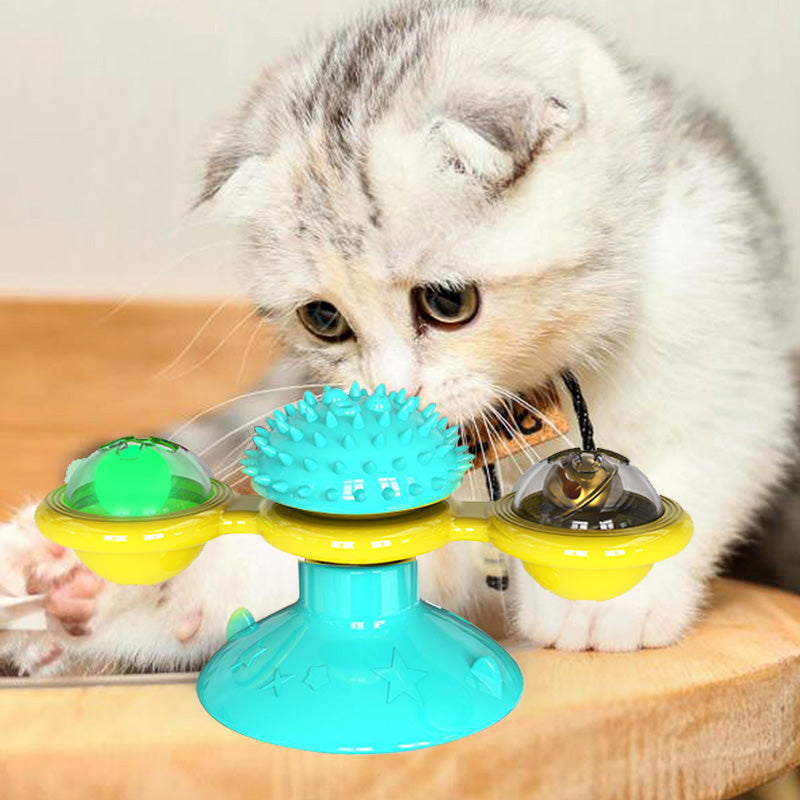 "Multi-Function Cat Rotating Windmill Toy: Itch-Scratching Device with Teeth-Shining Feature"