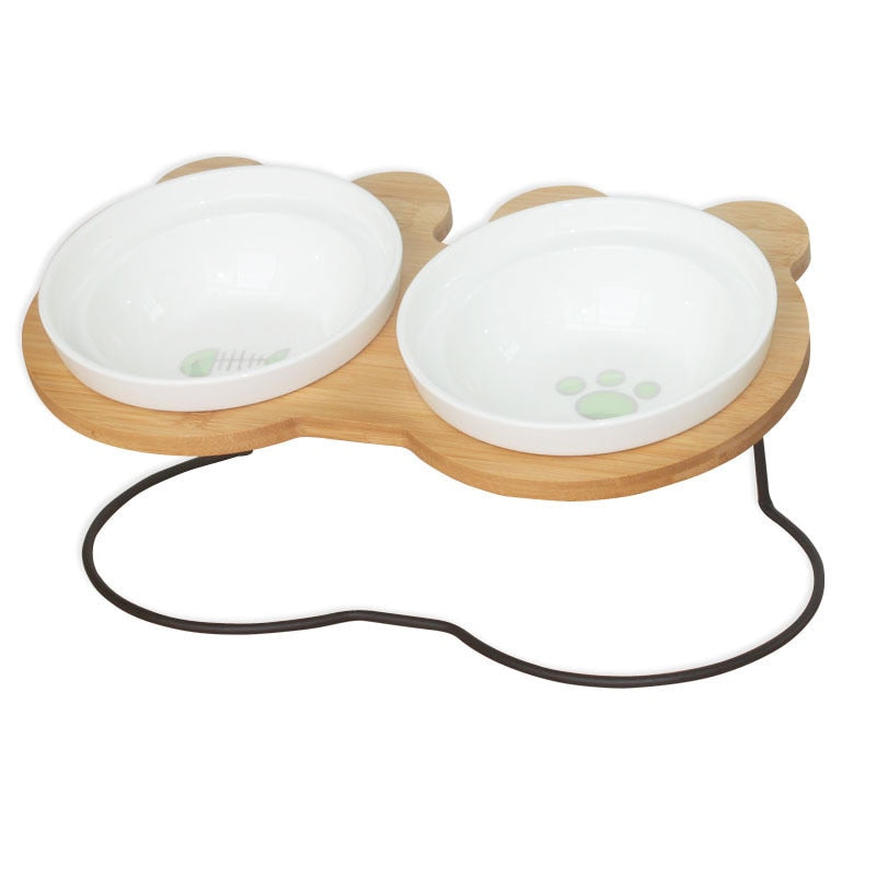 New High-end Pet Bowl Bamboo Shelf Ceramic Feeding and Drinking Bowls for Dogs and Cats Pet Feeder Accessories