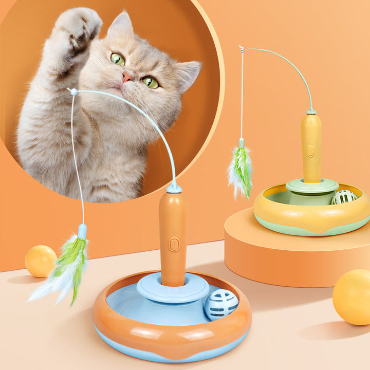 2-in-1 Pet Cat Toy with Feather for Self-play and Cat Turntable